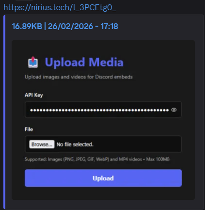 Nirius.tech Media Uploader - Rich image embed with metadata and preview